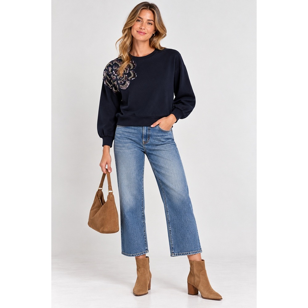 Democracy Navy Blue Sequin Floral Applique Sweatshirt B9349BV5E Small